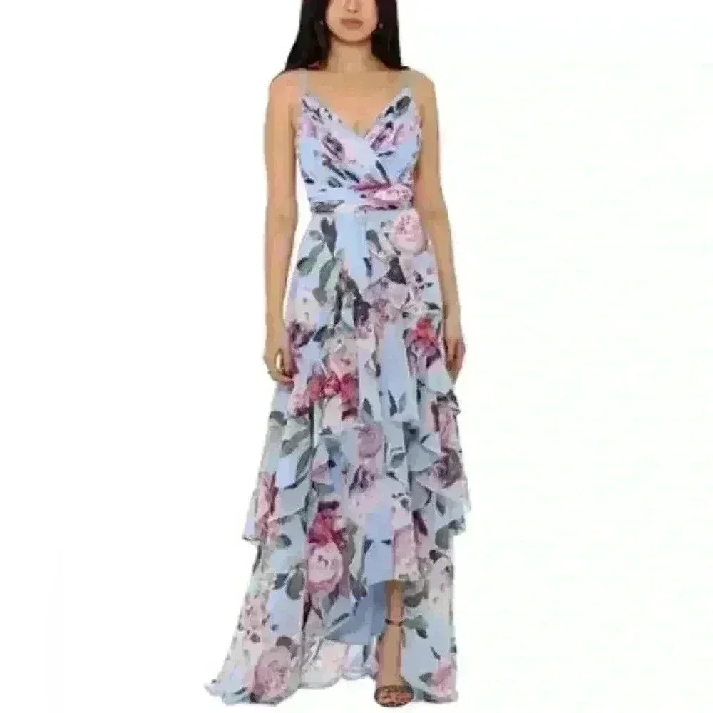 XSCAPE Floral-Print Ruffled High-Low Sleeveless Gown Size 2
